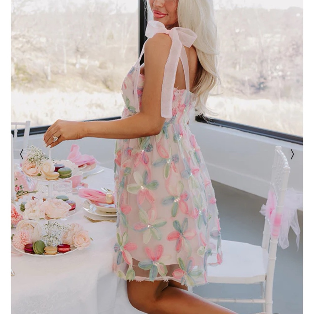 Pastel Floral Sheer Tie-Shoulder Dress - Pink Multi - Picture 4 of 10
